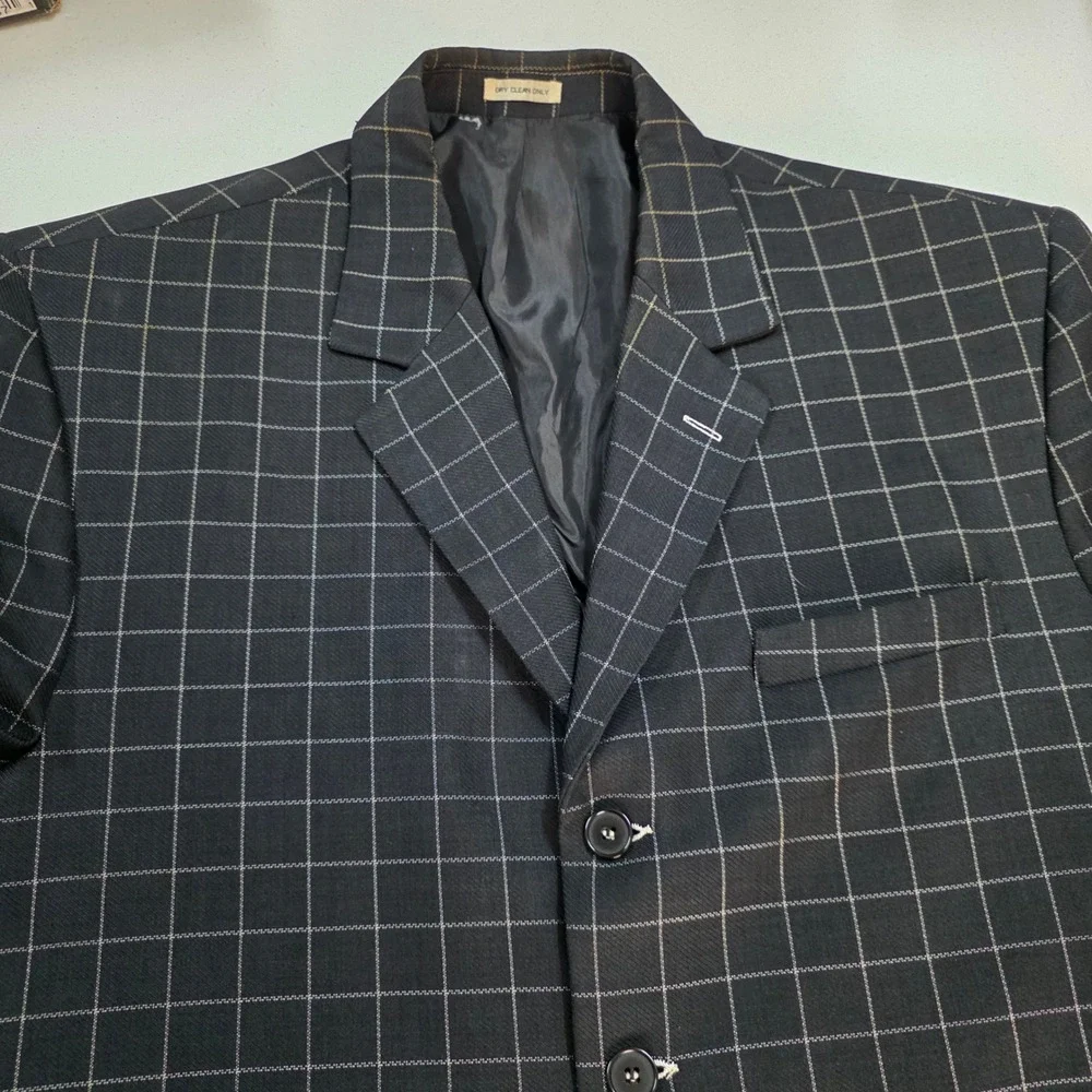 Vintage Paitano Mens Black Windowpane Grid Longline 5 Button Blazer Jacket  48R